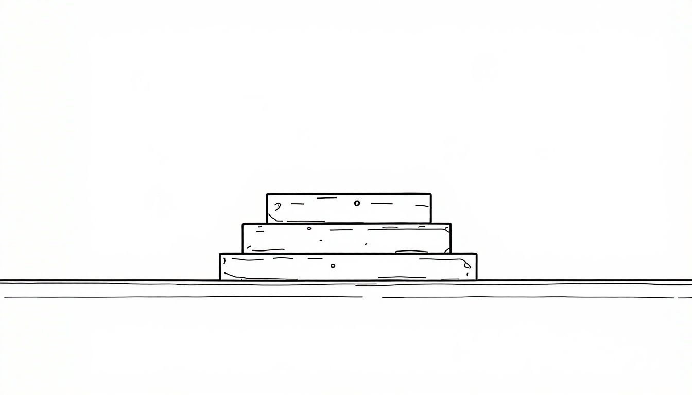 3枚の板が低い台状に積み重なったモノクロの線画イラスト（証明を3層で考えることの比喩）
