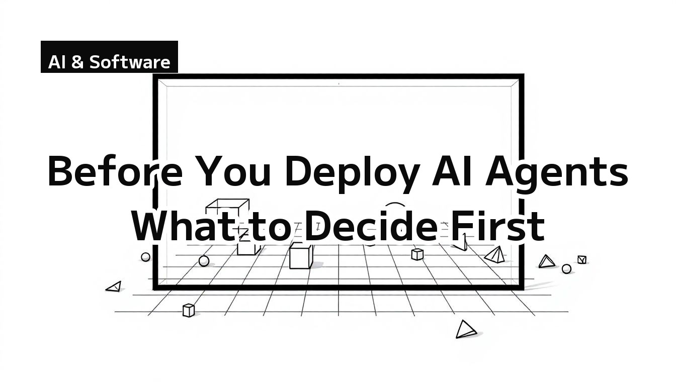 Before you deploy AI agents — monochrome illustration of geometric shapes sorted inside and outside a boundary frame