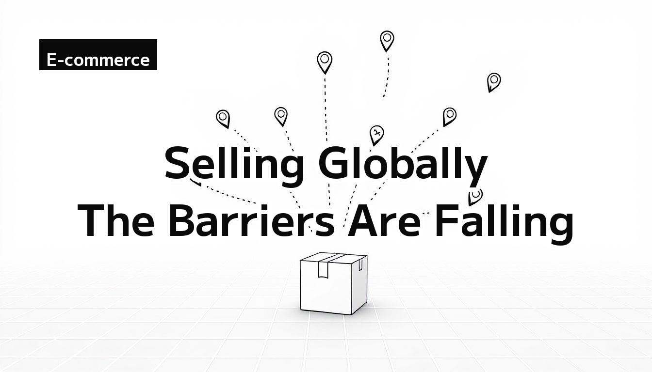 Selling globally — monochrome illustration of one package sending dashed trajectories to map pins around the world