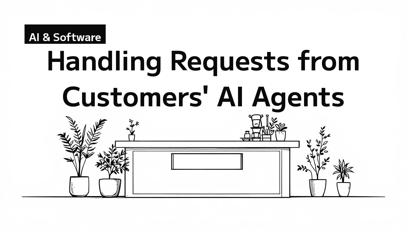 Monochrome line drawing on white of a reception counter with a small opening and potted plants